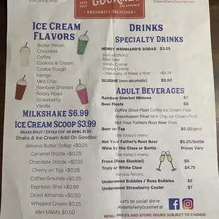 menu for ice cream flavors