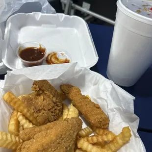 Chicken strips, fries, and a large soda, less than $14 altogether
