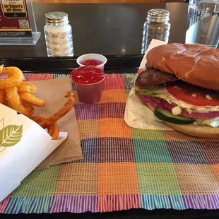 Delicious double Greek burger and fries