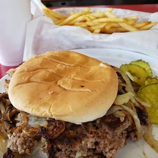 Double Grilled Onions Burger with Cheese and Fries plus Iced Tea. A definite Bargain!