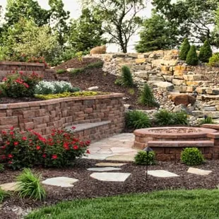 a retaining wall with a fire pit