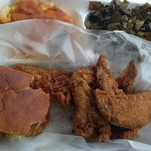 Fried chicken wings, Mac and cheese, collard greens and corn bread