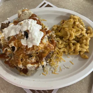 Stuffed baked potato and Mac n cheese