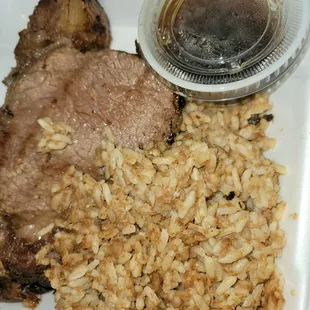 Prime rib and Texas rice.  Some awesome meat, tender, cooked to perfection.