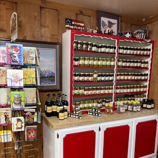 a display of hams and preserves