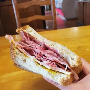 Ham sandwich on rye with swiss