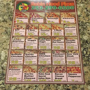 the menu for robin hood pizza