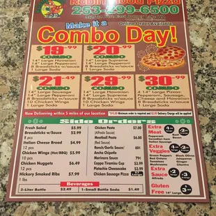 menu for combo day