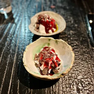Coconut soft serve with cranberry sauce and sea salt chocolate