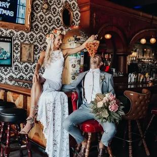 Having fun on the town on their wedding day!