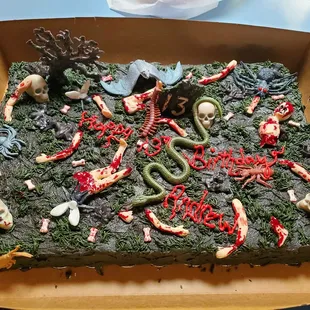 a cake decorated with various items