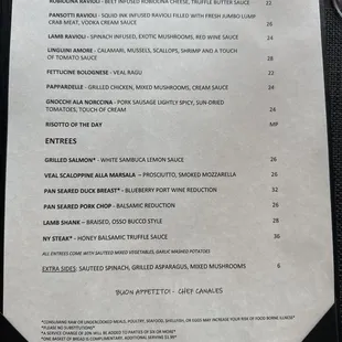 Dinner menu