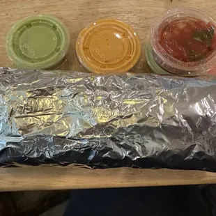 Portion of the asada burrito and the lovely salsas!