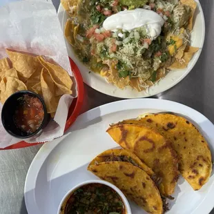 Chili verde nachos and queso birria tacos