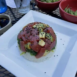 Tuna avocado and seaweed salad on sushi rice. It was ALL of that. A deconstructed roll.