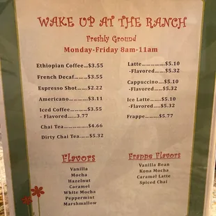 Coffee menu