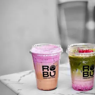 Cherry blossom latte (left)