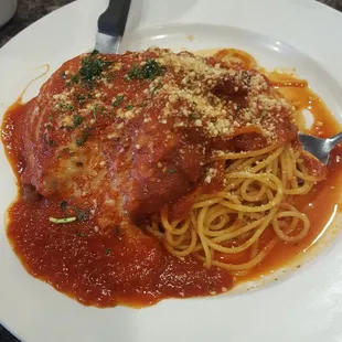 Chicken Parm dinner with spaghetti! Best chicken Parm around.