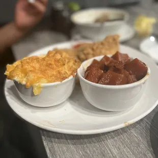 Southern fried chicken, yams and Mac n cheese