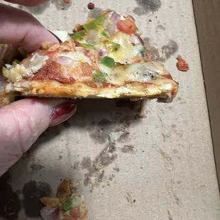 Where&apos;s the crust? Why is the cheese on top of the veggies and meat? So wrong.
