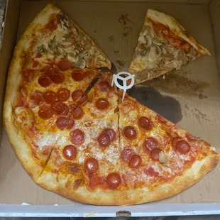 a slice of pepperoni pizza in a cardboard box
