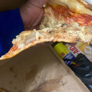 a hand holding a slice of pizza