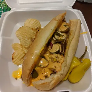 This is the cheesesteak with chipotle sauce, Jalepenos,"cheesesteak" aka ground beef