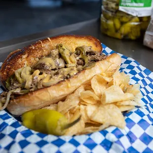 a sandwich and chips