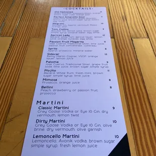 Cocktail menu