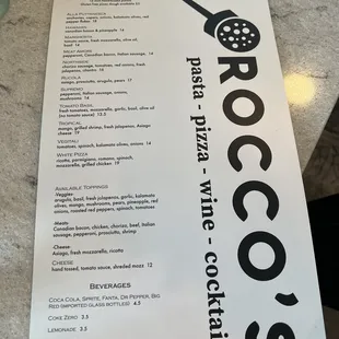 Pizza menu