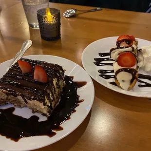 Cannoli and tiramisu were both served with strawberry accent and chocolate designs. Perfection.