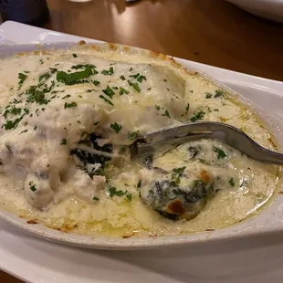 Chicken-spinach lasagne! My advice: split this dish. It&apos;s SO good, and the portion and richness are big enough for 2.