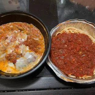 Baked Eggplant Parmigiana served with spaghetti, delicious!