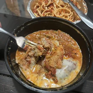 Baked Eggplant Parmigiana served with spaghetti, both were delicious1