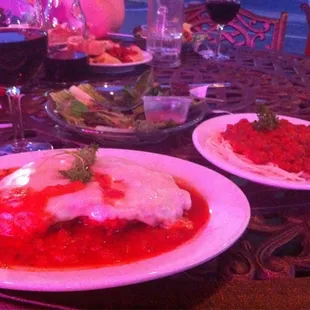 Chicken Parm, garden salad, chianti