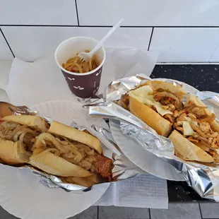 two hotdogs and fries