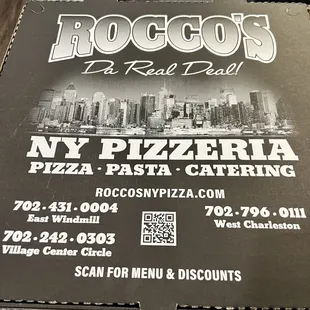 Top of the large pizza box. I love Rocco's pizza!!!