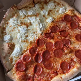 Half pepperoni and white pizza