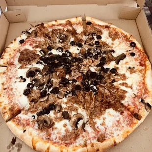 Large pizza with sausage, shrooms and black olives!