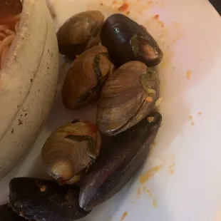 Unopened clams and mussels.