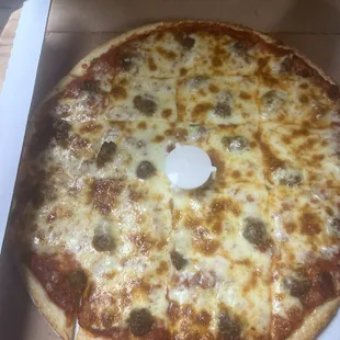 Hamburger and cheese pizza.