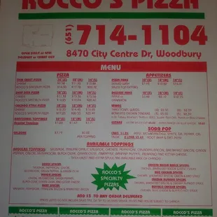 Roccos menu