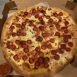 Jersey style pizza with pepperoni. Plus extra sauce