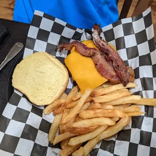 a bacon cheeseburger and fries