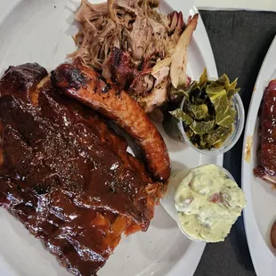 Ribs, pulled pork, sausage, collards, and potato sala,  Rocco&apos;s Combo 3