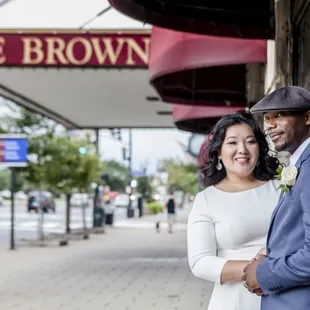 Bride and Groom outside of The Brown Hotel in Louisville, KY right after there ceremony.