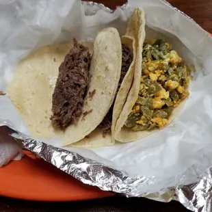 Barbacoa corn tacos and nopalitos corn taco