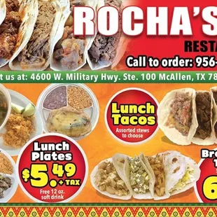 the menu for rochas restaurant