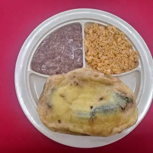 CHILE POBLANO PLATE W/RICE, BEANS, TORTILLAS AND DRINK