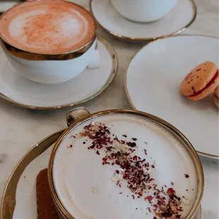 Rose latte, red velvet latte, crème brûlée latte